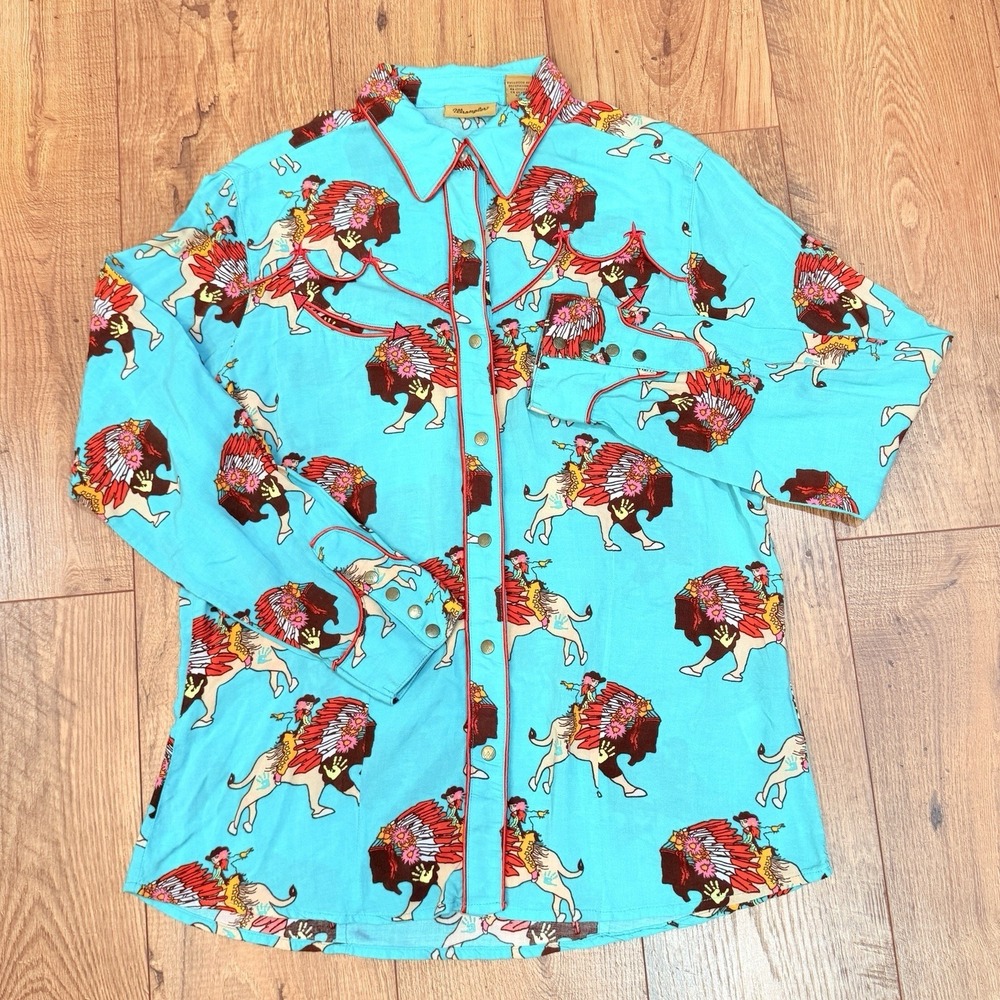 Wrangler Turquoise Snap Button Up Shirt Long Sleeve  Western Quincy Cowgirl Sz L